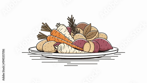 Pile of assorted root vegetables and herbs on a white plate, illustration