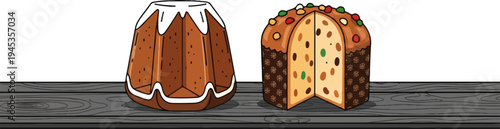 Two festive sweet breads, one with white icing, the other sliced with candied fruit