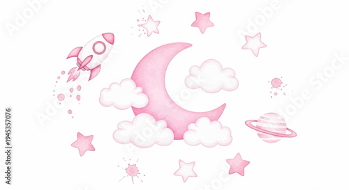A whimsical watercolor scene with a pink rocket, moon, clouds, stars, and a planet