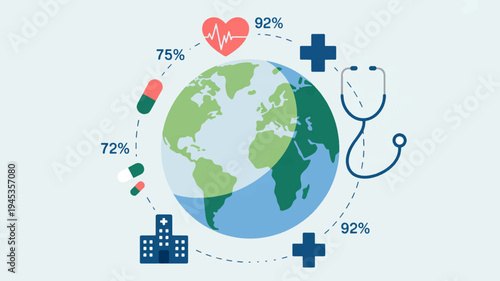 Global healthcare concept with earth surrounded by medical symbols and statistics