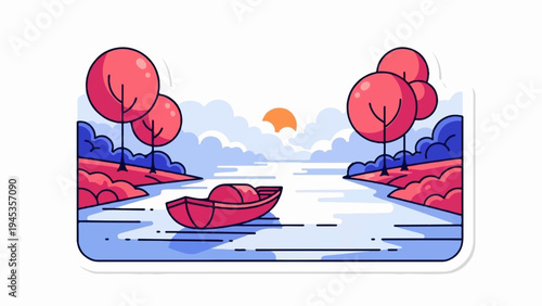 A stylized boat floats on calm water between colorful trees under a hazy sun