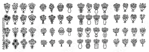 Floral icons with bouquets and vases outline