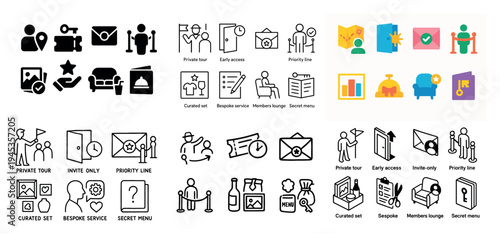 Membership service icons with envelope couch handshake outline