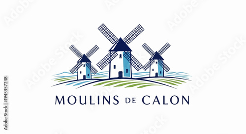 Three windmills stand on rolling green hills under a white background