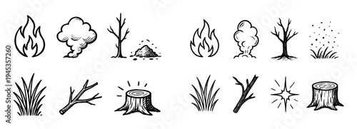 Wildfire icons with fire tree stump sketch