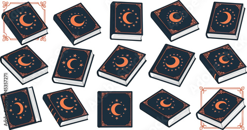 Decorative Book Icon Set Featuring Moon and Stars Designs on Book Covers for Fantasy, Magic, and Mystical Literature Illustrations in Vector Style