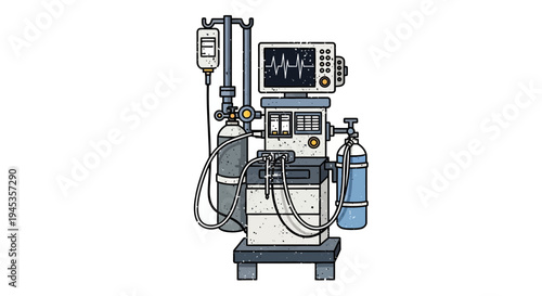 Medical ventilator machine with oxygen tanks and IV drip