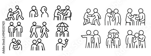 Community icons with people umbrella gesture outline