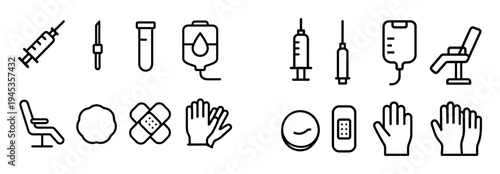 Medical icons with syringe and iv outline