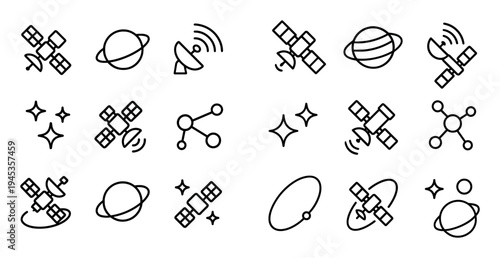 Space icons with satellite planet antenna minimal