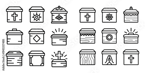 Memorial icons with coffin urn cross outline