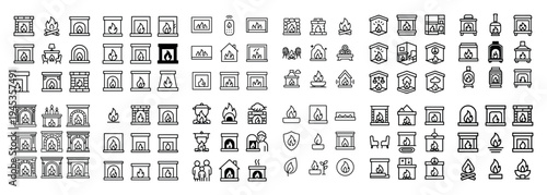 Home icons with fireplace logs and flame outline