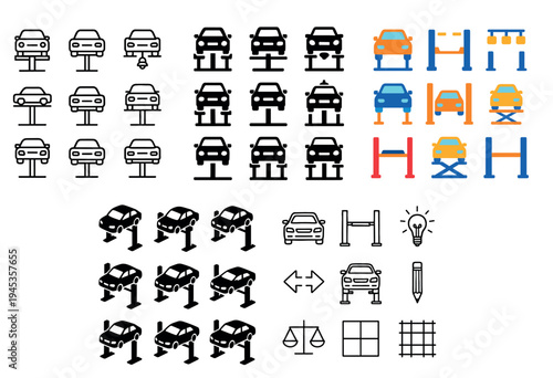 Automotive icons with car lift wrench outline