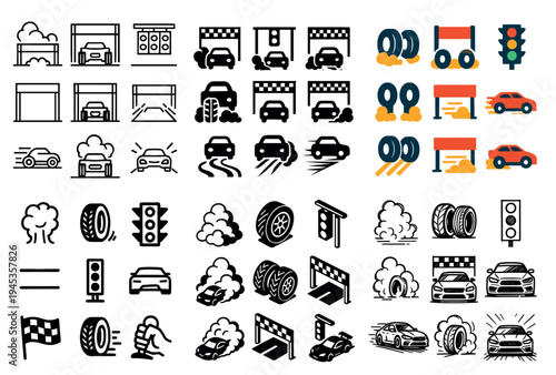 Automotive icons with car tire trafficlight outline