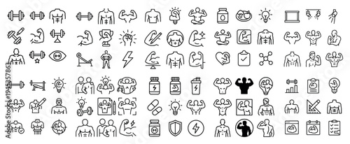 Fitness icons with dumbbell muscle bottle minimal outline