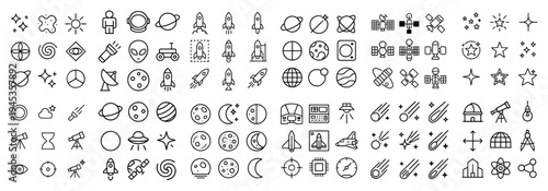 Space icons with rocket planet satellite outline