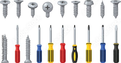 Screwdriver and screw hardware vector set with Phillips head screws, metal fasteners, and colorful hand tools for repair, construction, and maintenance work