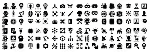 Technology icons with chip robot drone solid