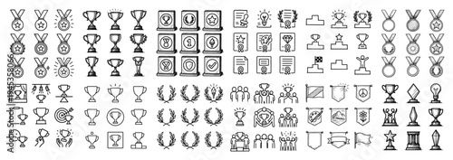 Award icons with trophy and medal line outline