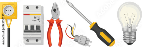 Electrical tools and components vector set with socket outlet, circuit breaker, pliers, screwdriver, power plug wires, and light bulb for electrician work