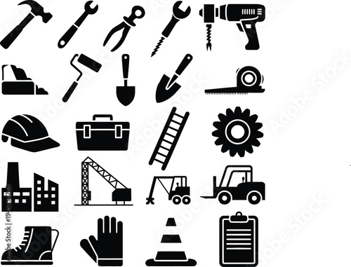 Collection of construction and industrial tools and equipment icons