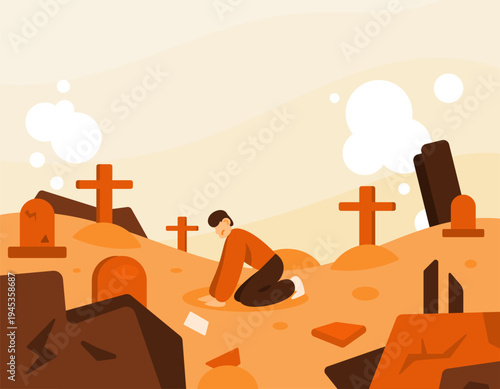 Illustration of a man kneeling in the middle of a cemetery or graves of people who died in war. Many people died in war. A gloomy scene, many tombstones, destroyed city buildings. Flat style