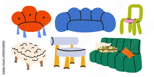 Bright modern furniture of different shapes for cozy home. Comfortable sofas and armchairs in cartoon flat style. Hygge style home decor set for stickers, labels, print