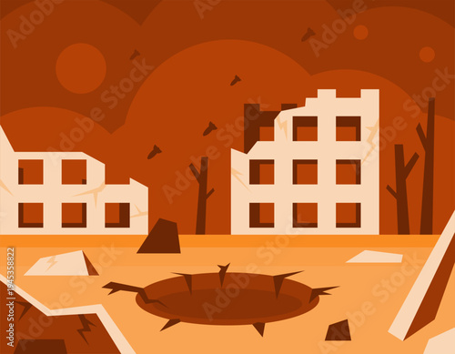 Illustration of a city with destroyed, damaged, and collapsed buildings due to war or disaster. Condition and impact of war. Gloomy landscape, many collapsed city buildings, dark sky, missile craters
