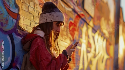 Teen girl checking phone against graffiti wall at sunset