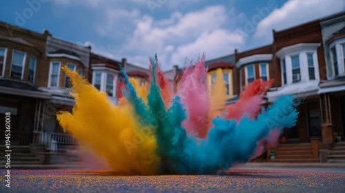 Crowd gathers in modest neighborhood street for impromptu Holi color throwing, powder clouds explode in air, row houses backdrop, overcast sky makes colors pop, ideal for spontaneous celebration,