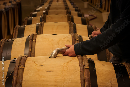 Winemaker filling barrel in wine cellar