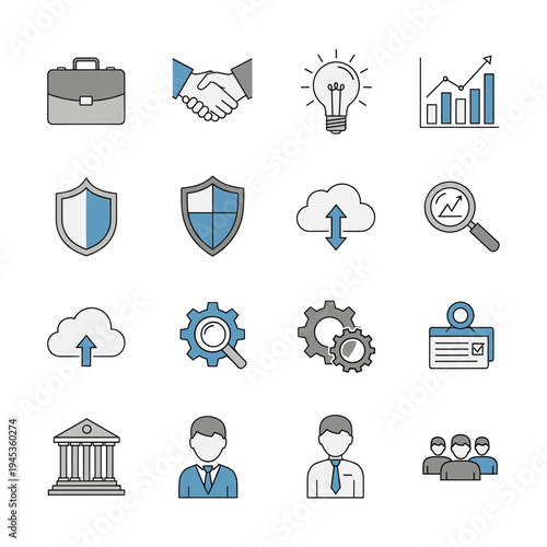 Set of business, finance, technology, and security icons in a flat line art style with blue and grey accents, depicting various corporate concepts.