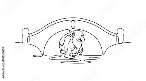 Fairy Tale Troll Under Bridge Continuous Single Line Minimalist Fantasy Line Art Illustration