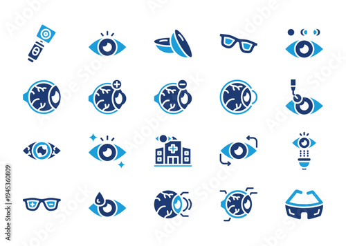Ophthalmology  thin flat icon set. Containing ophthalmoscope, eye, contact lens, glasses	