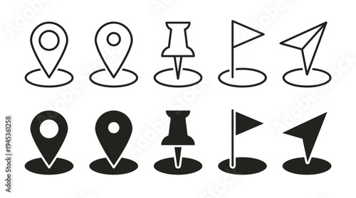 Location and navigation icons set, map pin, push pin, flag marker, compass arrow, navigation pointer, GPS symbols, travel direction.