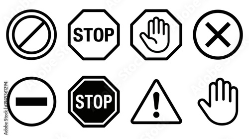 Prohibition and warning icons set, stop signs, caution triangle, hand symbols, no entry, safety signage, universal restriction, hazard alerts.