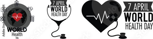 World Health Day icon set collection featuring heart, stethoscope, global health care symbols and medical awareness concepts for April 7 healthcare campaigns.