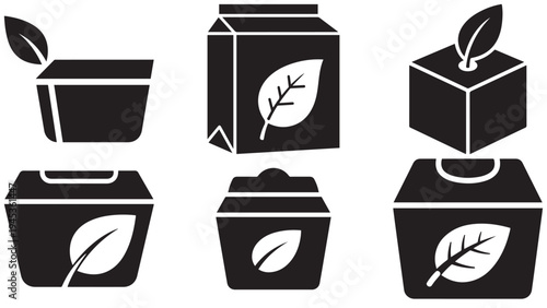 Farm-to-Table Food Box Icon with Leaf Label — Minimal Black-and-White Solid Silhouette, Flat Vector, Isolated on White