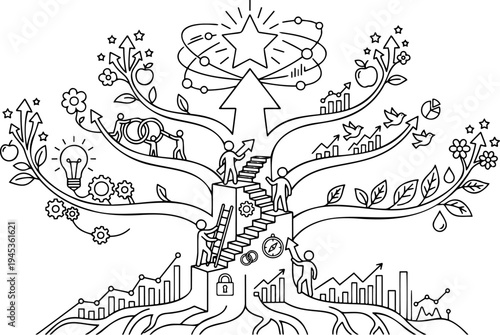 Line art vector of business growth tree, career stairs and teamwork success