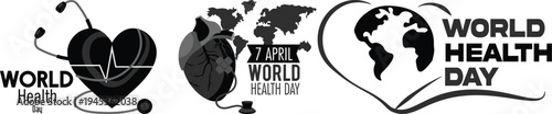 World Health Day icon set collection featuring heart, stethoscope, global health care symbols and medical awareness concepts for April 7 healthcare campaigns.