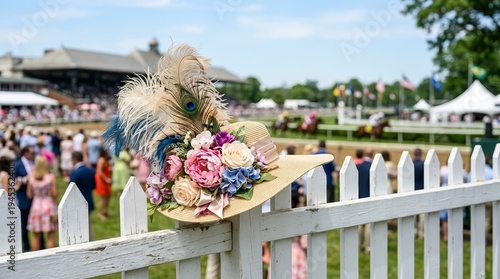 Elegant straw derby hat decorated with flowers and feathers resting on a white picket fence. Blurred background of a horse race and crowd at a track