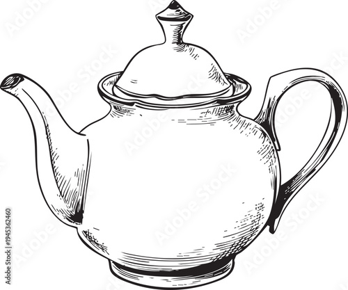 crisp black and white outline drawing of a traditional teapot, perfect for tea house and ceremony related designs