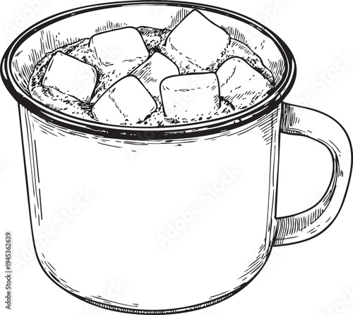 detailed black and white outline drawing of a cozy mug of hot cocoa, ideal for winter beverage illustrations