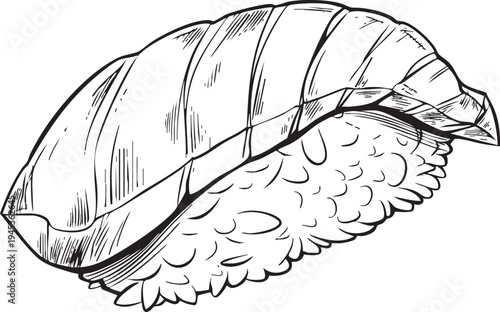 simple black and white outline drawing of a fresh salmon nigiri, ideal for japanese cuisine and restaurant concepts