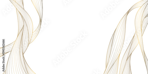Vector wave line gold pattern, abstract luxury art, japanese texture. Award design banner, elegant swirl ornament, flow card