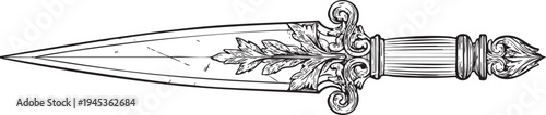 Ancient Roman pugio dagger leaf shaped blade black contour illustration