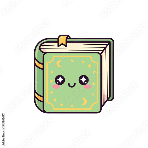 Enchanting Green Book Character with Stars and Moon Vector Illustration