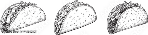 minimalist black and white outline drawing of a traditional mexican taco, perfect for street food and restaurant designs