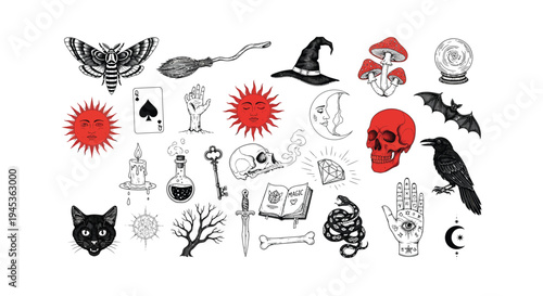 Mystical Witchcraft Clipart Set with Red Skull Raven Snake Moon Sun and Magic Alchemical Symbols