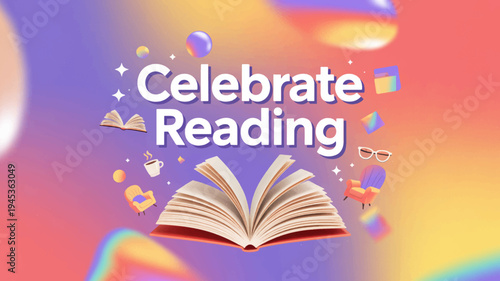 Vibrant celebrate reading banner with open book and colorful background